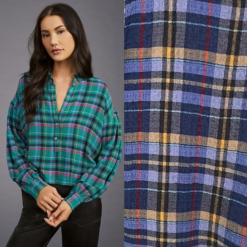 Anthropologie Pilcro Cropped Puff-Sleeve Blouse Blue Plaid. 10